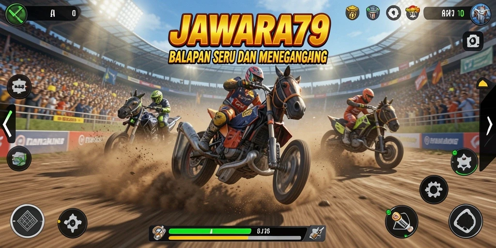 Tangkapan layar JAWARA79 menampilkan momen balapan yang mendebarkan dan mobil berkecepatan tinggi.