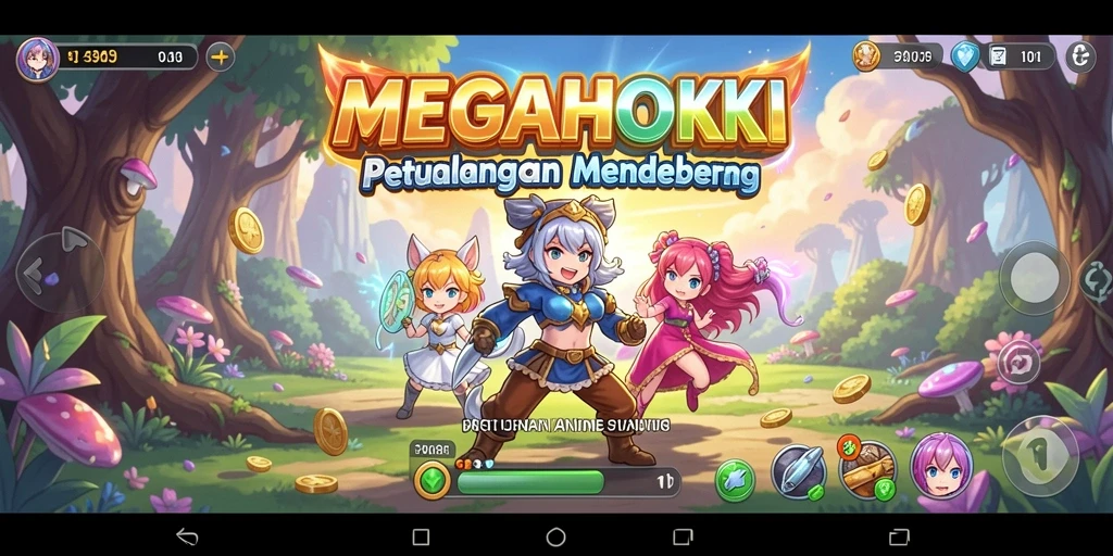 Tampilan gameplay MEGAHOKI dengan karakter Anime yang dinamis.