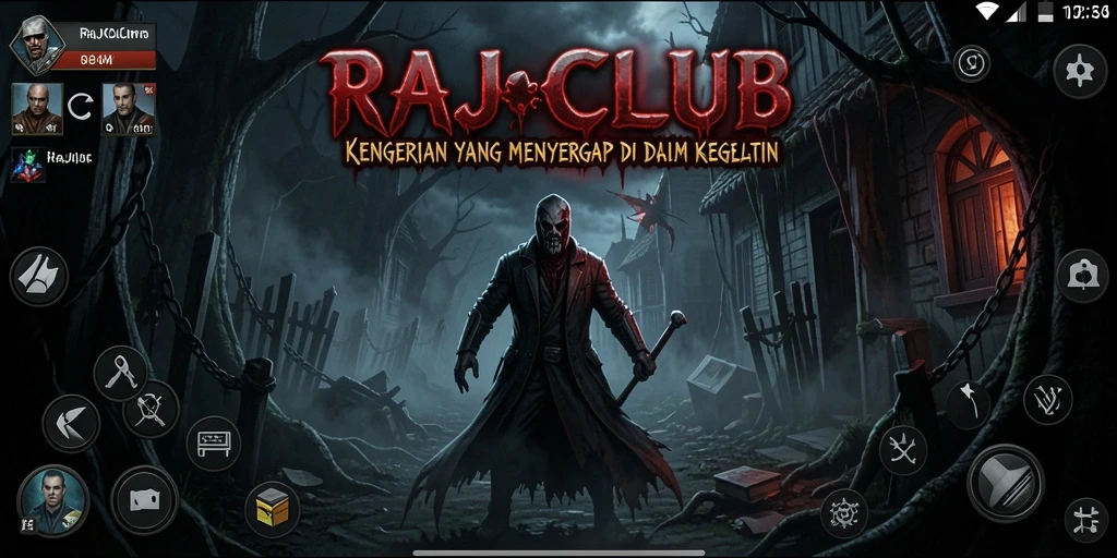 Tampilan gameplay RAJACLUB yang menyeramkan dengan kegelapan yang mengancam.