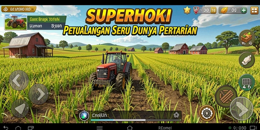 Screenshot SUPERHOKI menampilkan aktivitas seru bertani di kebun yang indah.